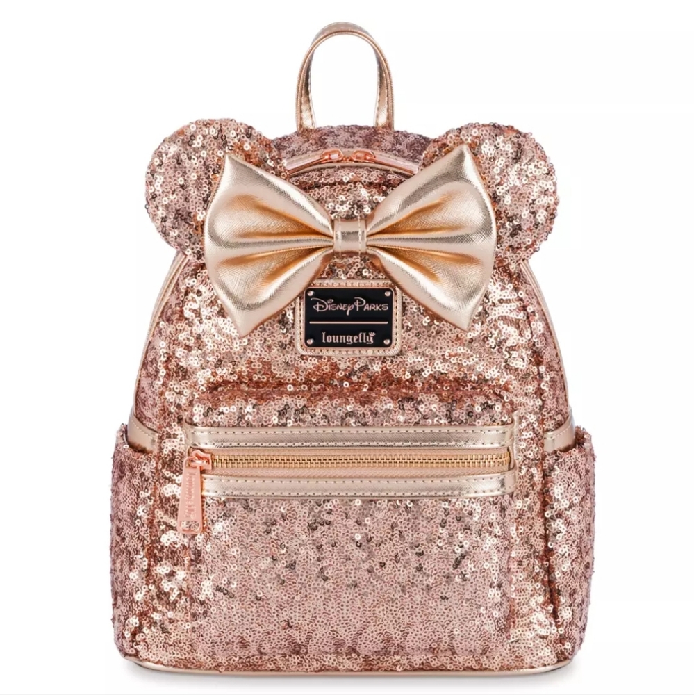 New Loungefly Disney Parks Rose Gold Sequin Backpack Minnie Mouse